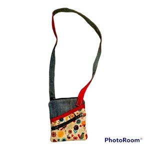 Small handmade denim Crossbody Cell Phone zip Top purse with Shoulder Strap